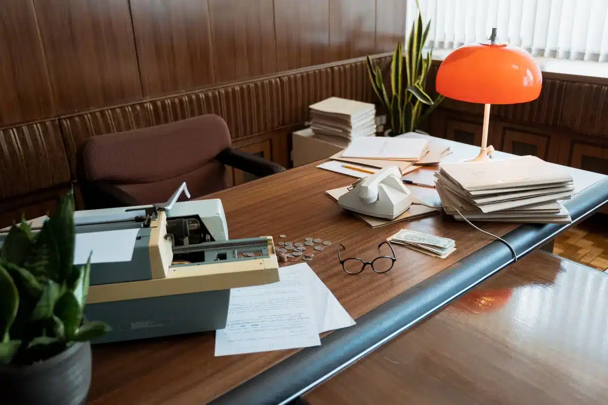 A desk with scattered files and a resignation letter, soft shadow across the surface, a pen resting on the document, morning light from a window creating a somber mood