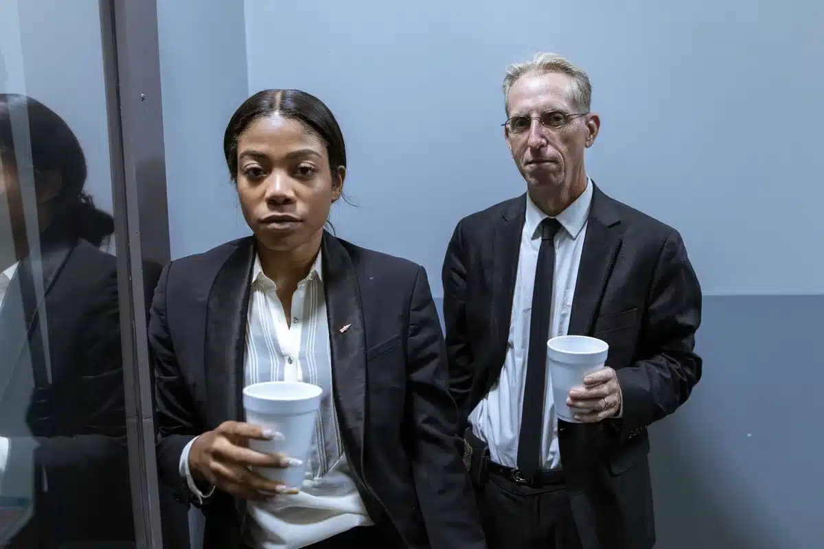 An FBI agent in a dimly lit office reviewing case files and surveillance photos, tension visible in posture and expression, fluorescent light casting shadows across a desk