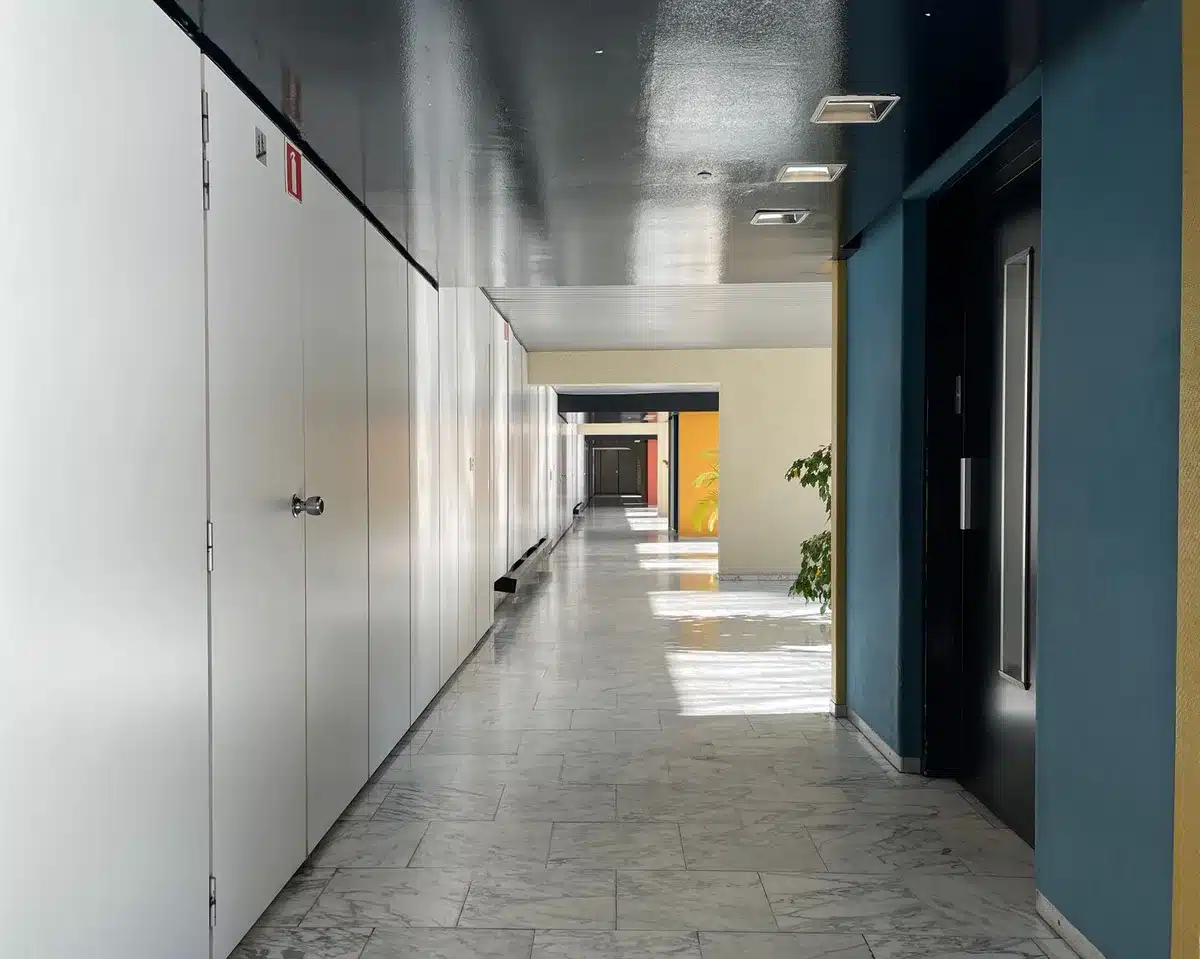 A dark corridor of a Capitol Hill office building, empty and dimly lit, with the weight of institutional gravity