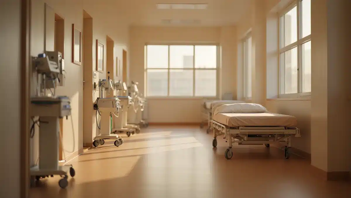 An empty rehabilitation facility corridor with medical equipment visible, soft natural light streaming through windows, suggesting ongoing recovery and care &mdash; intimacy