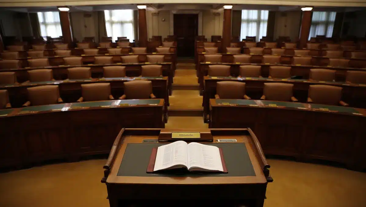 A Senate chamber with empty seats, soft lighting, emphasizing absence and legislative impact &mdash; power