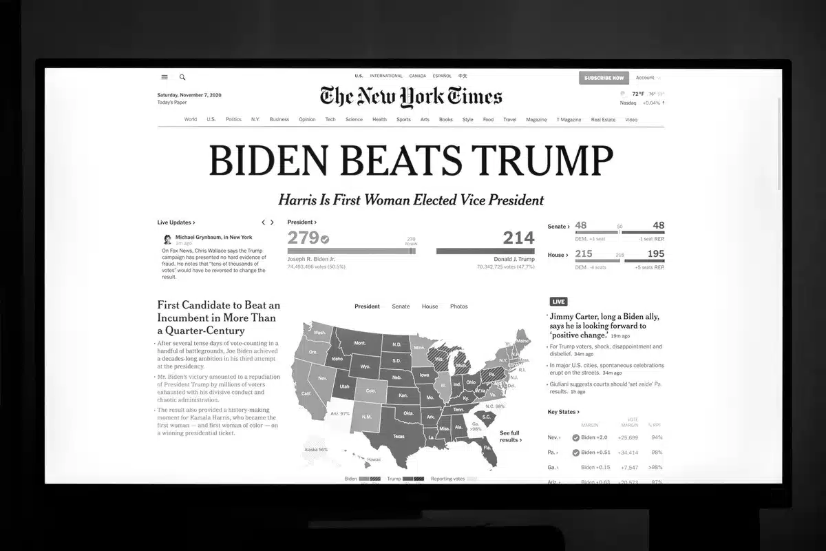 Blurred social media feed scrolling through political news and poll updates, with notification badges visible