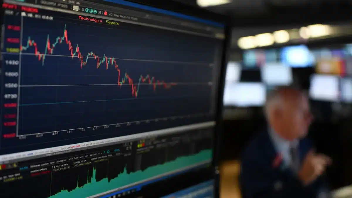 Stock market screen showing technology sector indices and chart lines, muted colors, soft focus on data visualization | stock market technology decline recovery
