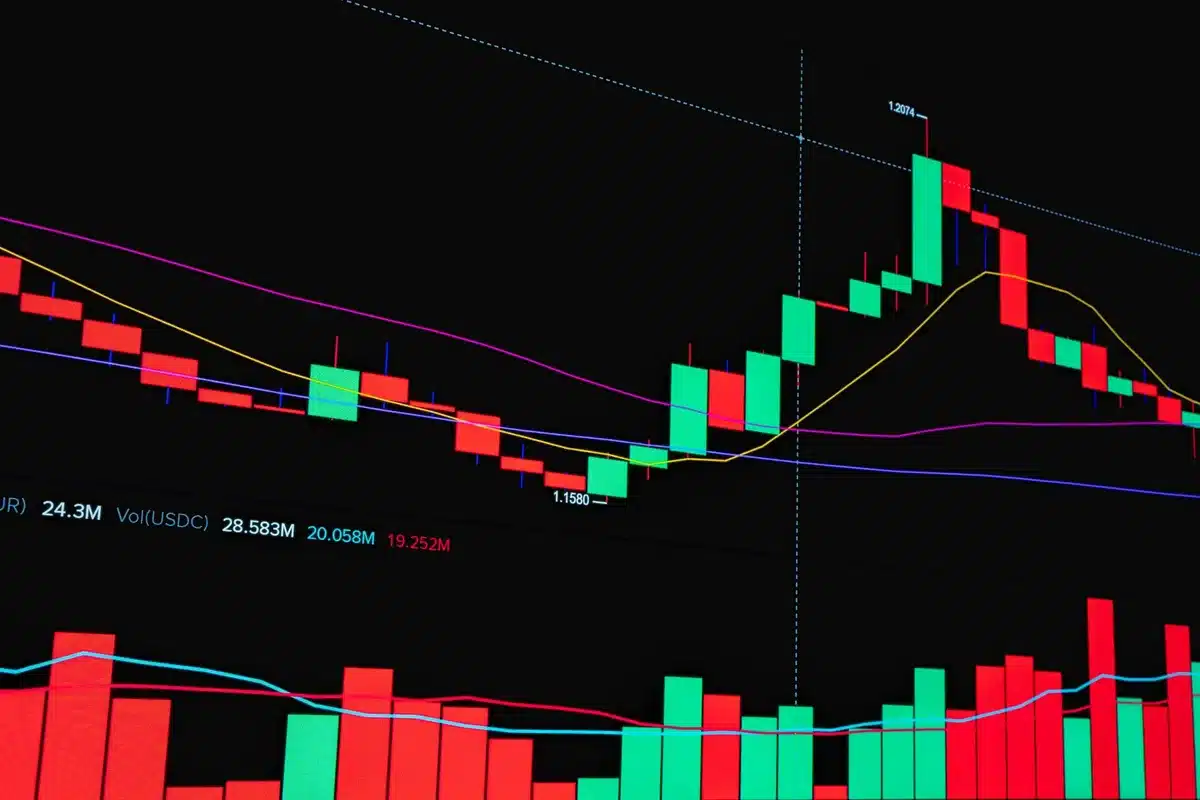 A sharp downward stock chart line plummeting against a dark background, candlestick patterns visible, red volatility indicators spiking, digital trading screens reflecting tension and urgency