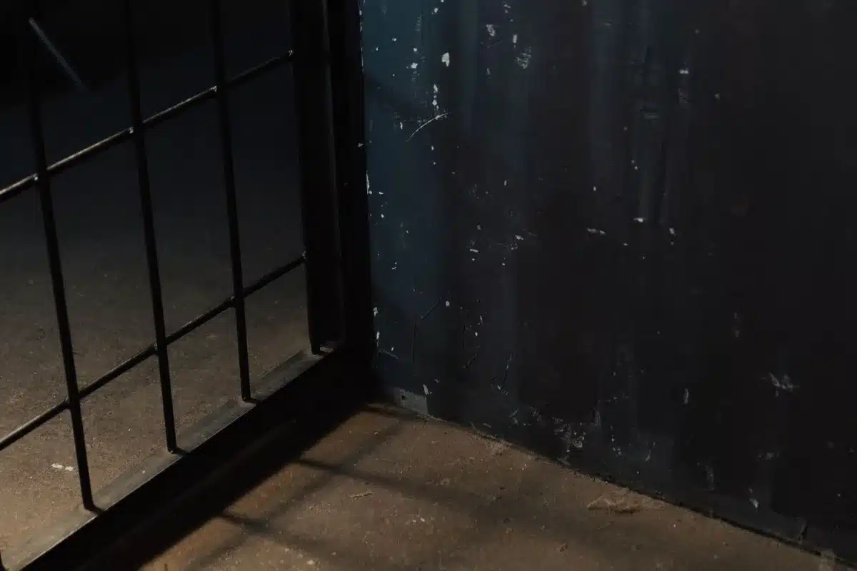 A prison cell viewed through a small reinforced window, bars casting shadows across empty concrete, a single narrow bed visible in dim light, suggesting confinement and isolation.