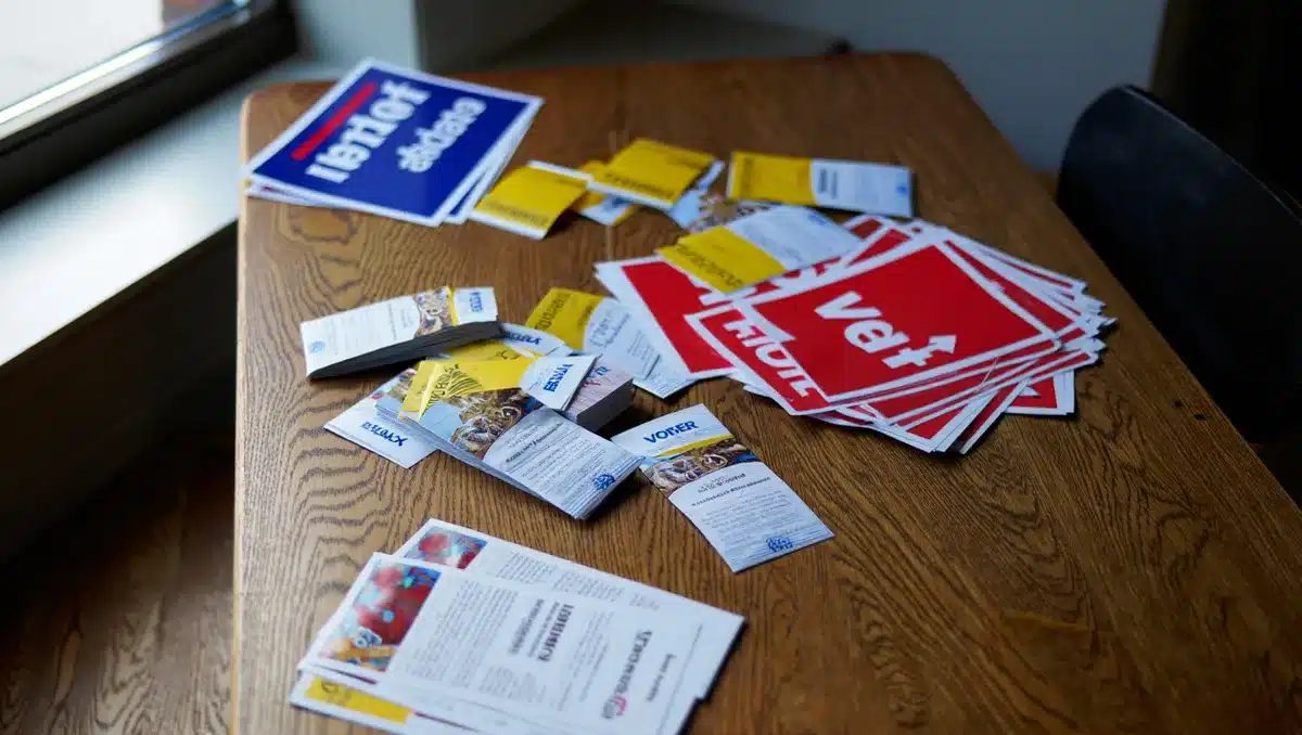 Campaign signs and voter literature scattered on a table, a mix of progressive and moderate messaging, overhead lighting, contrast between different candidate materials