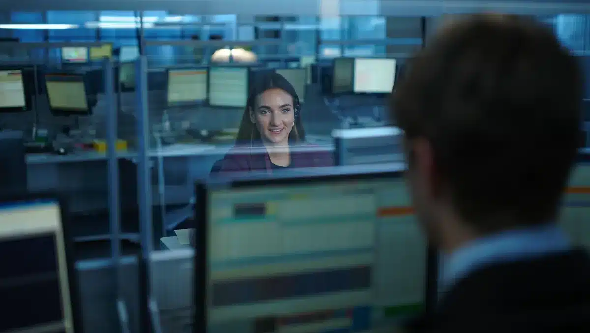 An empty stock exchange trading floor with empty desks and glowing screens reflecting off glass partitions, bathed in blue-tinted light | trading floor aftermath