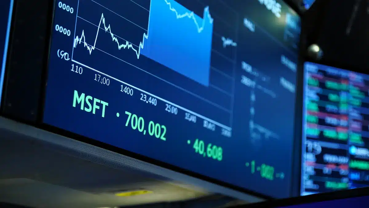 A stock market ticker displaying Microsoft's stock symbol and price in bright green, showing an upward trajectory line, with blurred financial data streaming in the background | stock market ticker display