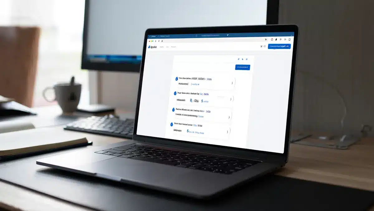 A sleek laptop screen displaying a business productivity application with AI-assisted features highlighted, glowing softly in an office environment | business software AI interface