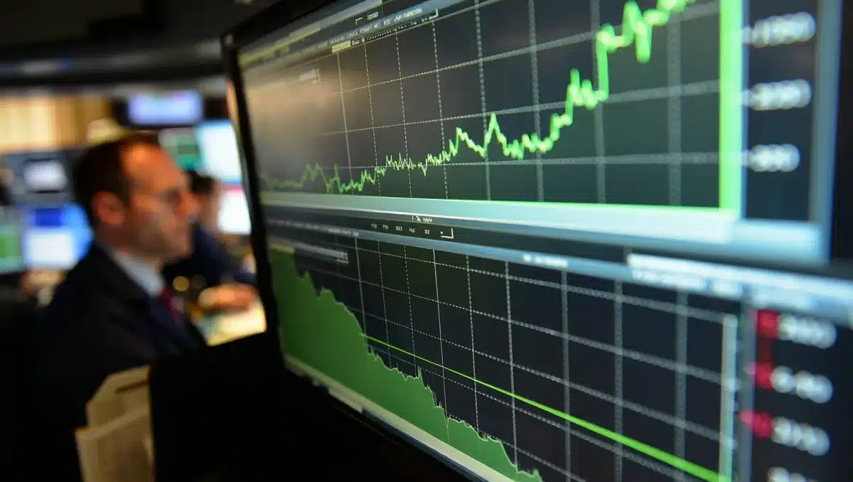 Glowing stock market display with rising green numbers and charts, digital finance visualization | stock market data visualization