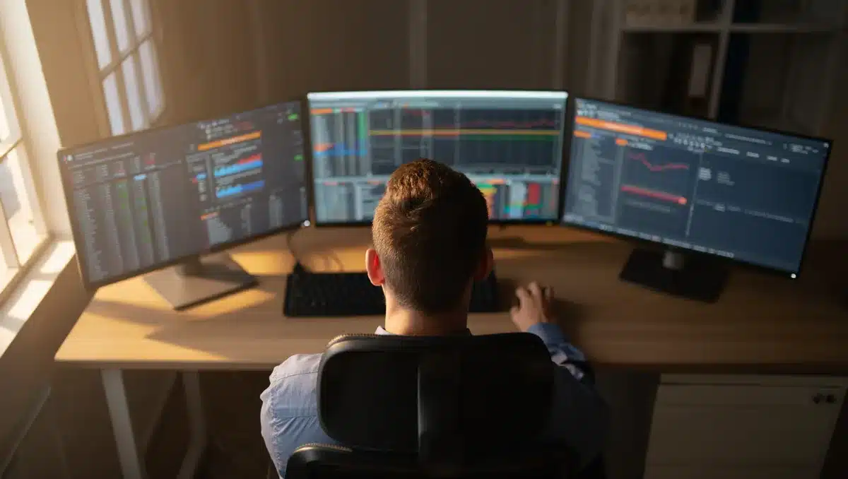Professional in business setting reviewing financial data on multiple screens, analyzing cloud infrastructure metrics | cloud computing analytics