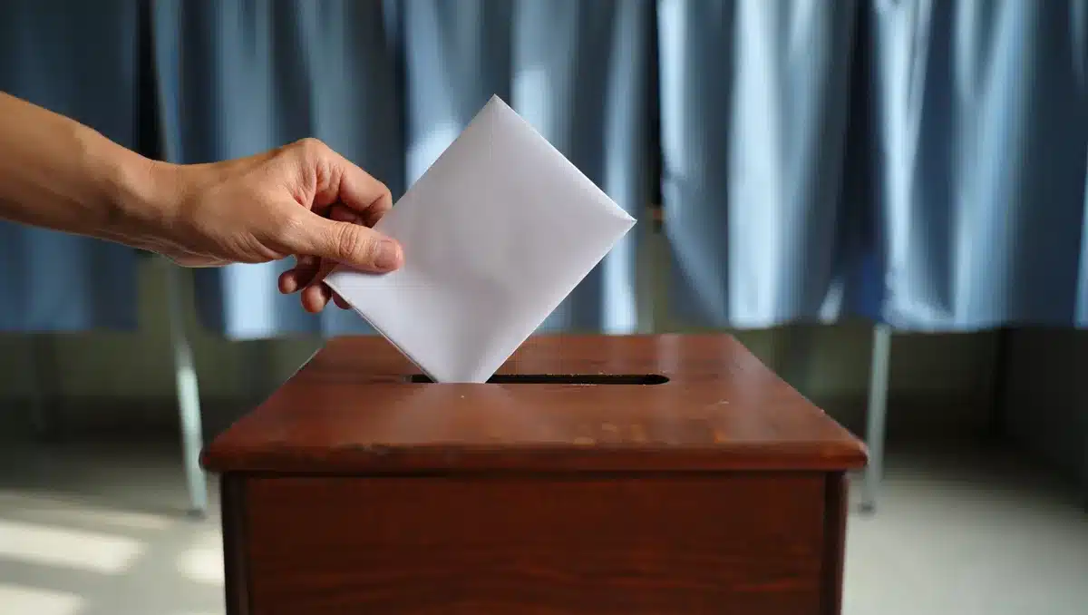 A ballot box with a hand inserting a ballot, polling place setting with voting booths visible in soft focus behind | voting booth ballot box