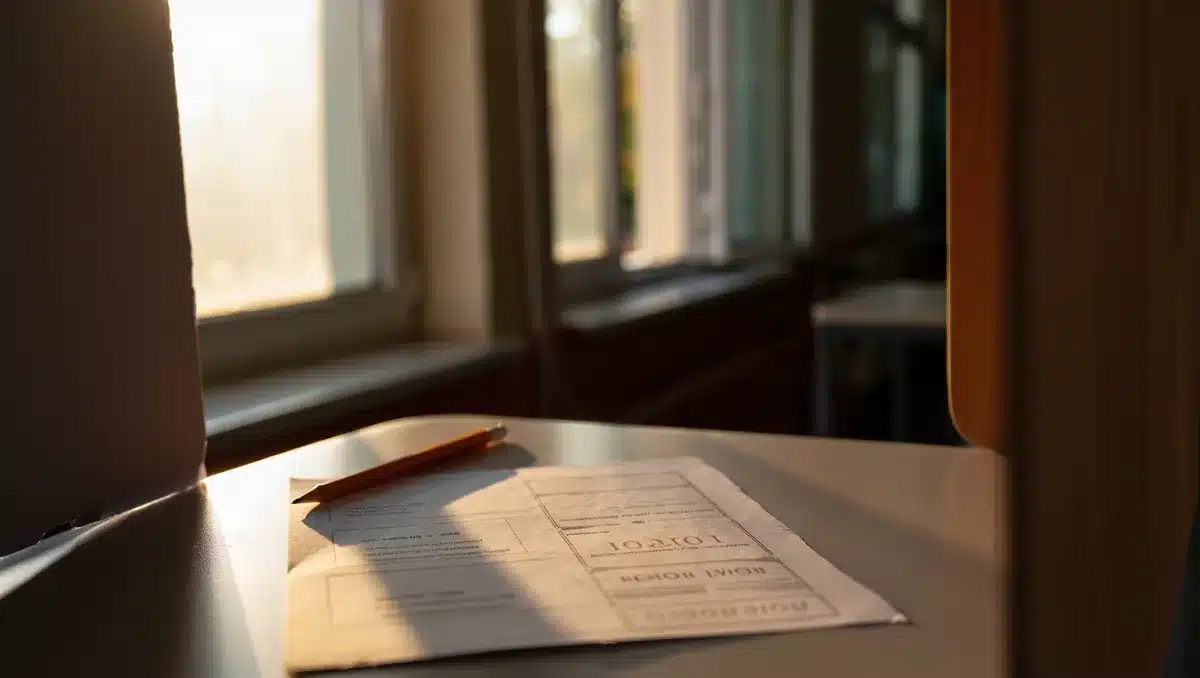 A voting booth interior with a ballot visible, sunlight streaming through windows, a pencil resting on the voting surface, anticipation and civic engagement | voting booth ballot