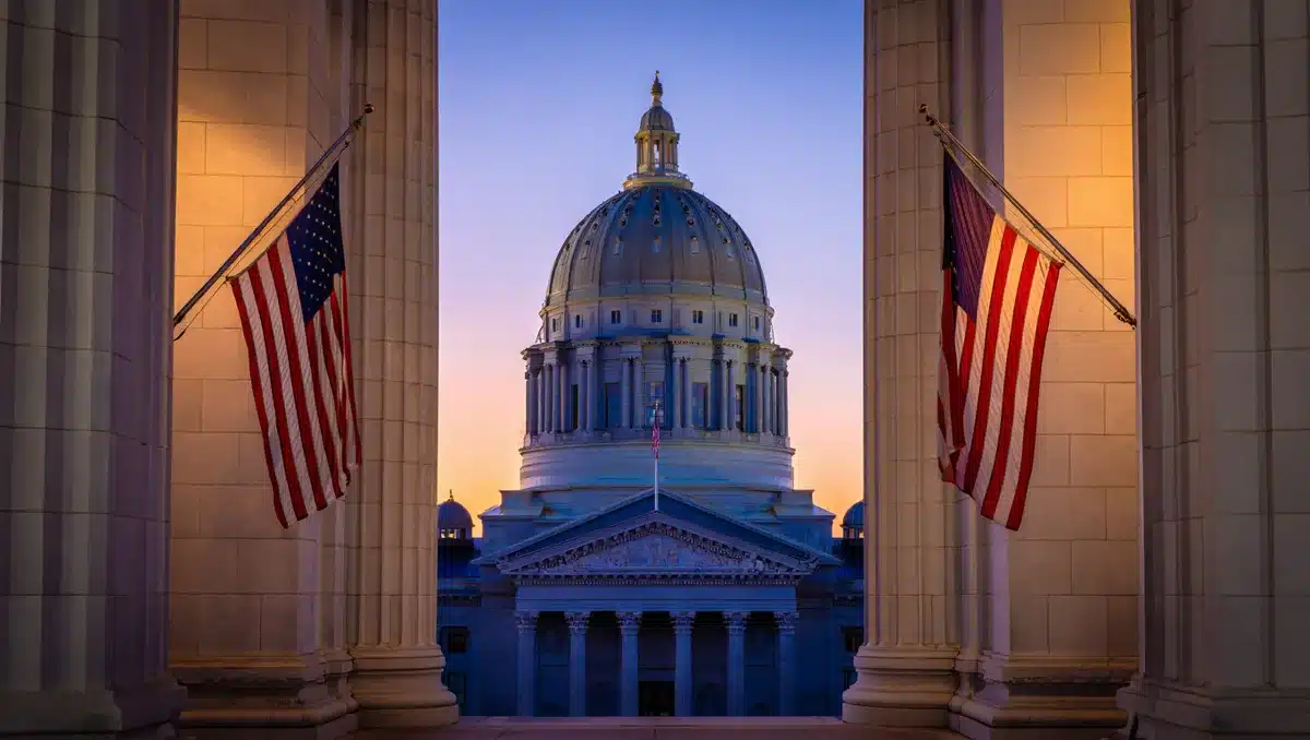 A Missouri state capitol building facade at dusk, flags hanging still, architecture reflecting the weight of legislative decisions, solemnity and governance | state capitol building