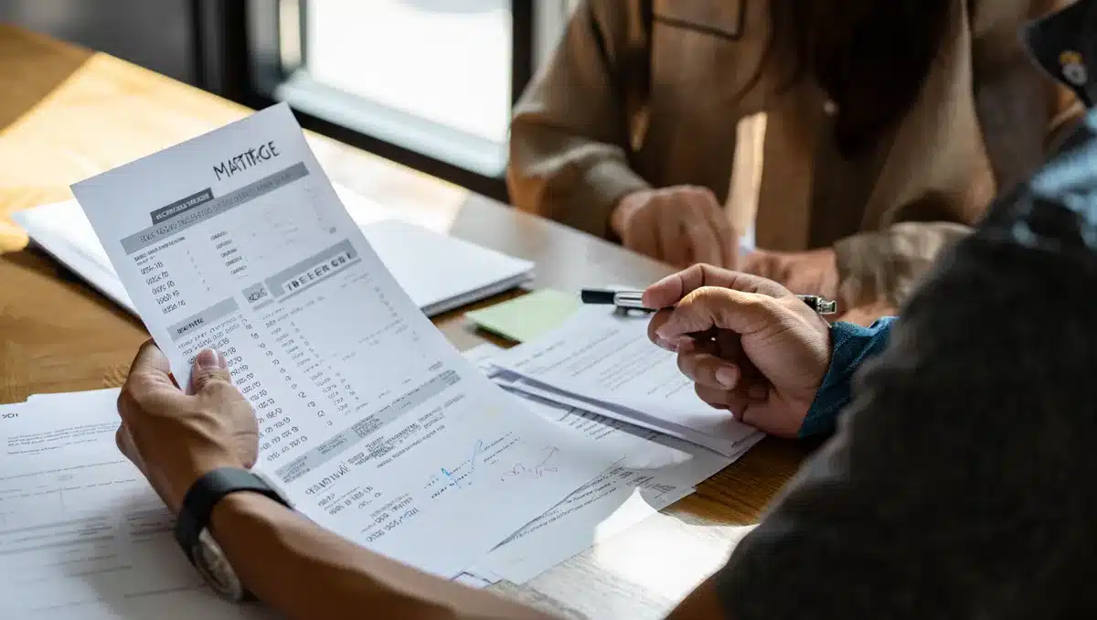 A homebuyer reviewing mortgage documents at a desk with financial statements and rate quotes spread out, expression showing concern about affordability | mortgage documents affordability