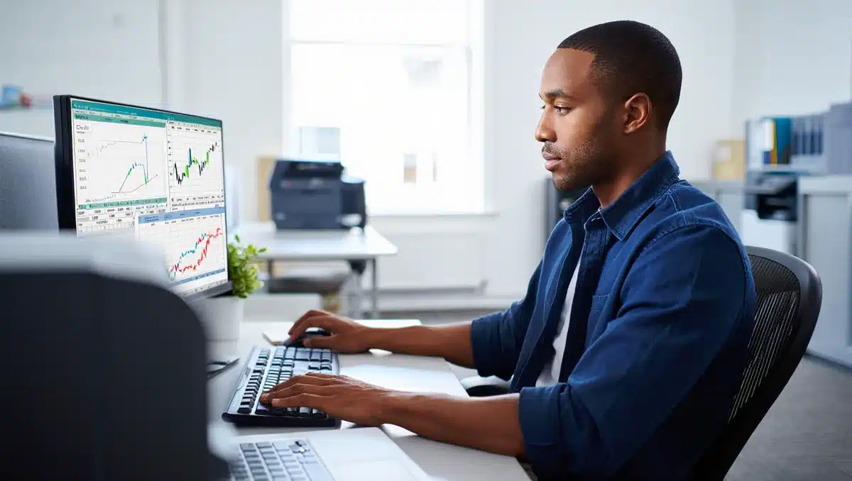 A financial analyst monitoring live mortgage rate data on a computer screen in an office, with charts showing rate trends climbing upward | mortgage rates chart analysis