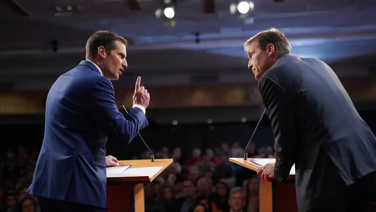 Two men in suits standing at podiums on a debate stage under bright lights, one gesturing emphatically while the other leans forward, tension visible in their body language | debate stage confrontation