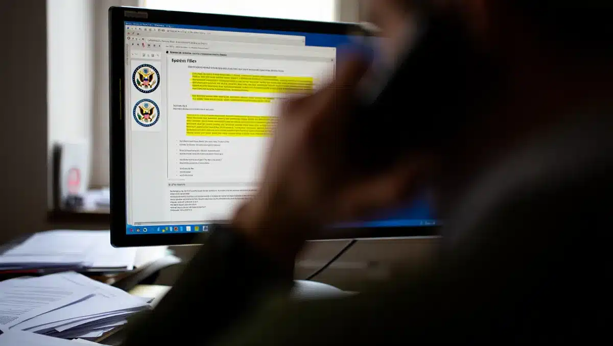 A close-up of a computer screen displaying a portion of the Epstein files documents, with highlighted text and official government seals visible | government documents screen