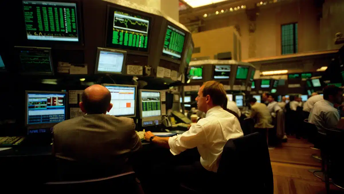 Stock market trading floor with multiple screens displaying green price movements and financial data | stock market gains technology sector