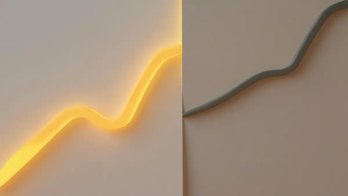 A split-screen visual contrasting a glowing upward trend line on the left with a downward trend line on the right, both rendered as abstract financial charts | market rotation comparison