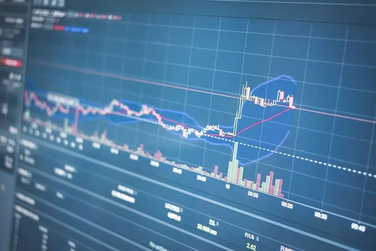 A digital display showing an upward-trending graph with currency symbols and financial data overlaid, representing economic metrics and debt accumulation