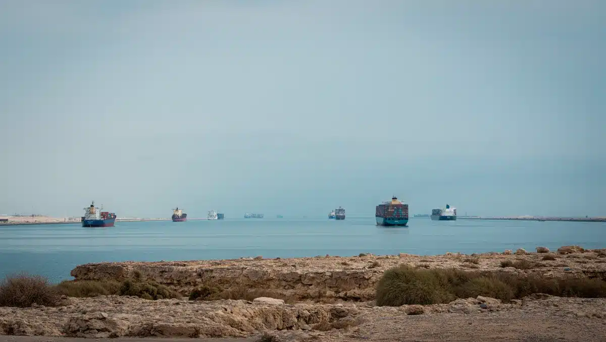 A narrow waterway lined with distant container vessels and oil tankers, viewed from a coastal vantage point in Oman, showing the strategic chokepoint under tension.