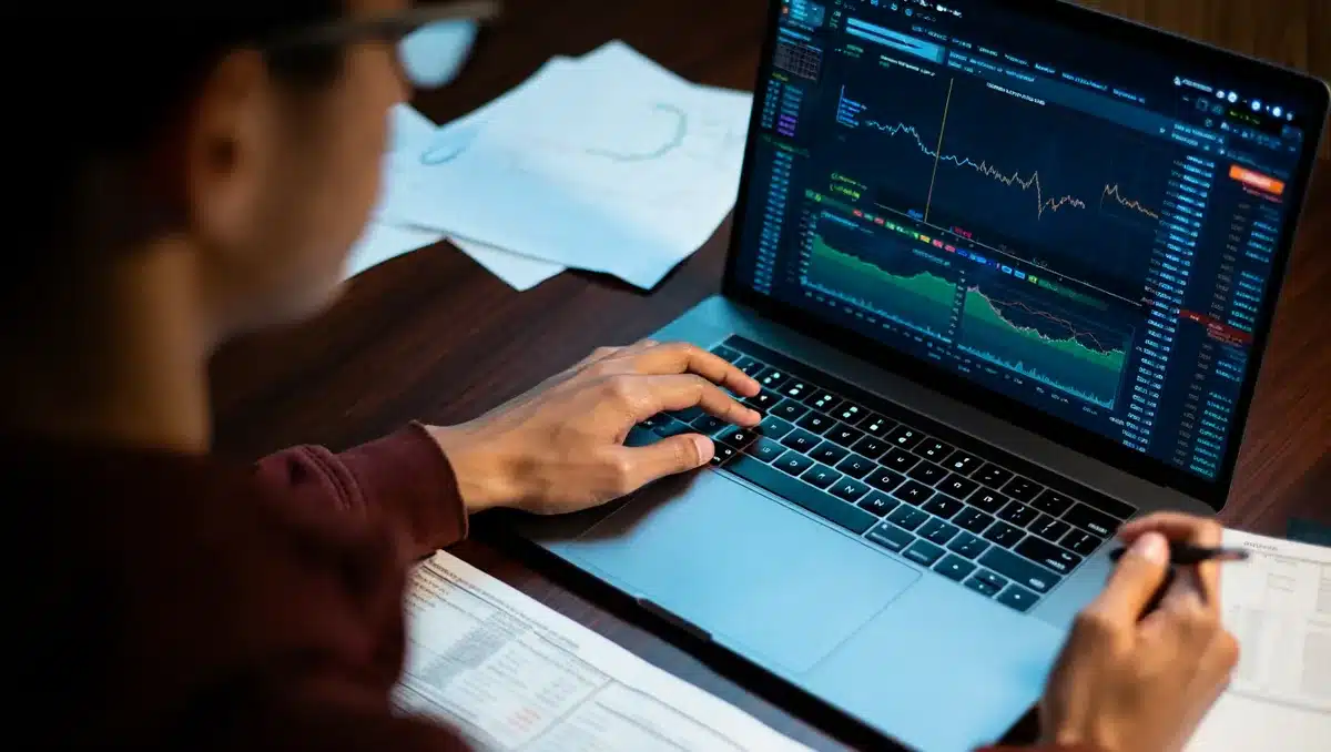 Glowing laptop screen displaying stock market data, a portfolio tracker showing Netflix ticker rising, soft blue light on a desk with financial documents | stock market chart rebound