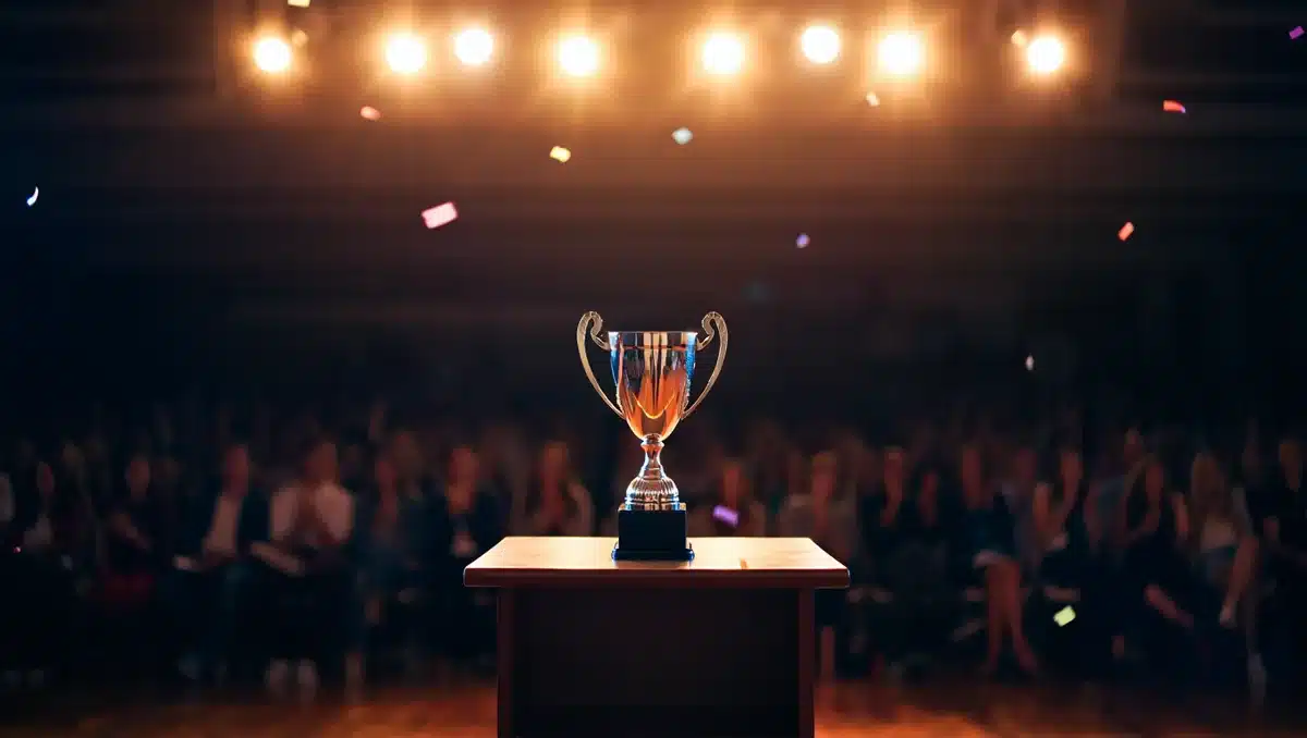 A solitary trophy on a podium under stage lighting, surrounded by blurred silhouettes of an audience, confetti suspended in air | streaming service dominance symbol