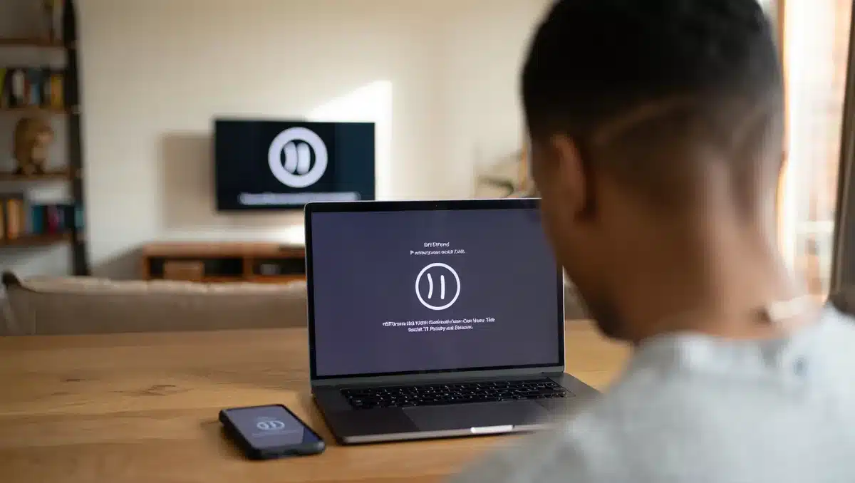 Streaming service outage affecting thousands of users, with frozen loading screens and error messages displayed on various devices, frustrated viewers checking their internet connections | streaming service outage