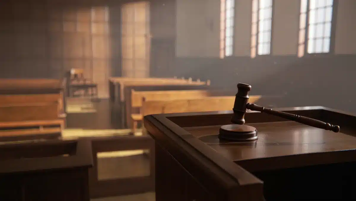 A federal courthouse interior with empty wooden benches and a raised judge's bench, soft light streaming through tall windows, dust particles visible in the beams, a gavel resting on the bench &mdash; tension.