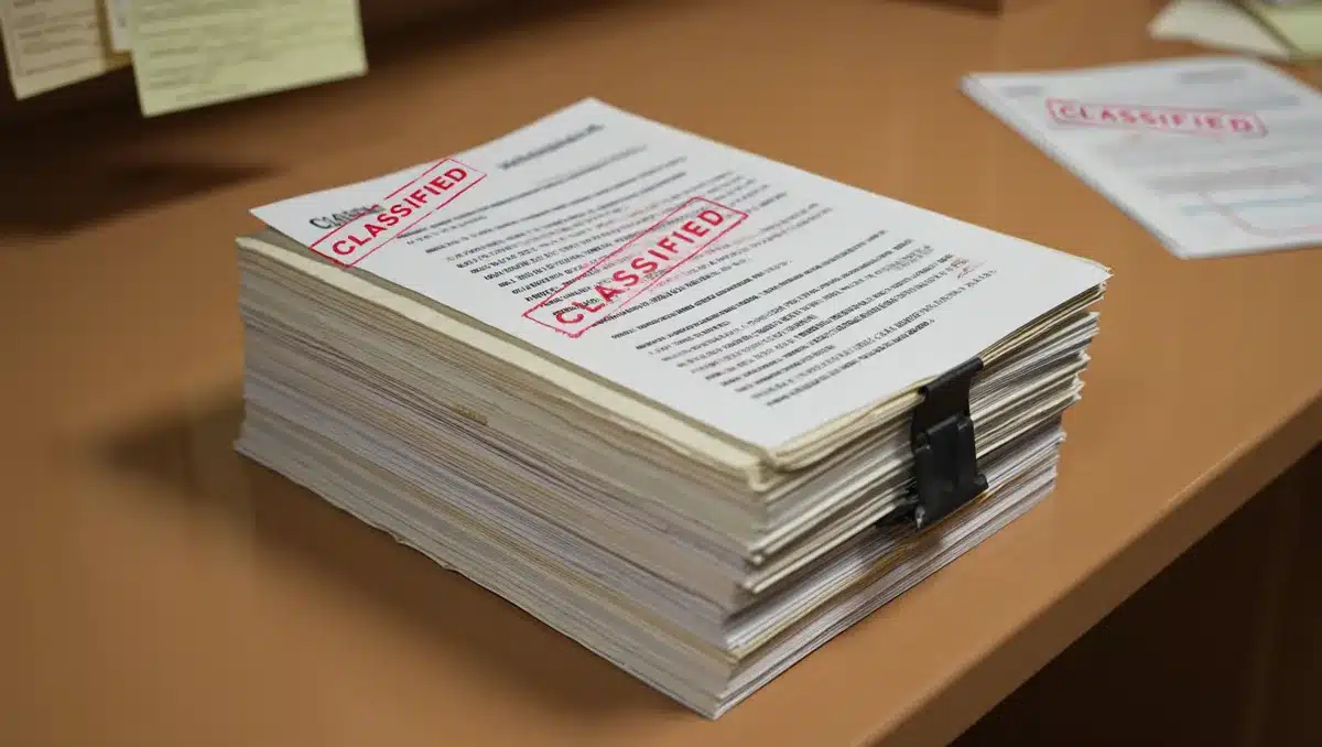 A stack of classified documents or papers with redacted sections visible, marked with "CLASSIFIED" stamps, sitting on a desk under harsh overhead light, shadows falling across the pages &mdash; urgency.