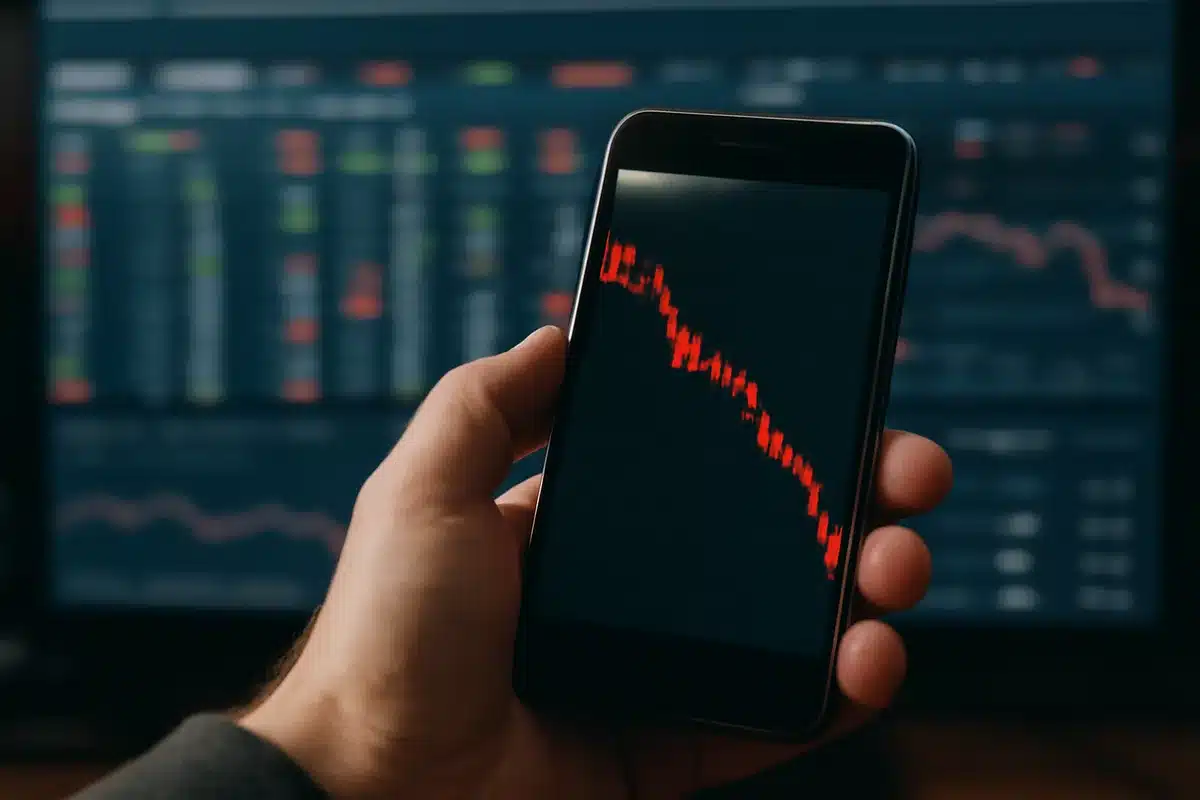Smartphone screen showing declining stock chart with red candlesticks, blurred trading dashboard in background | stock market decline chart