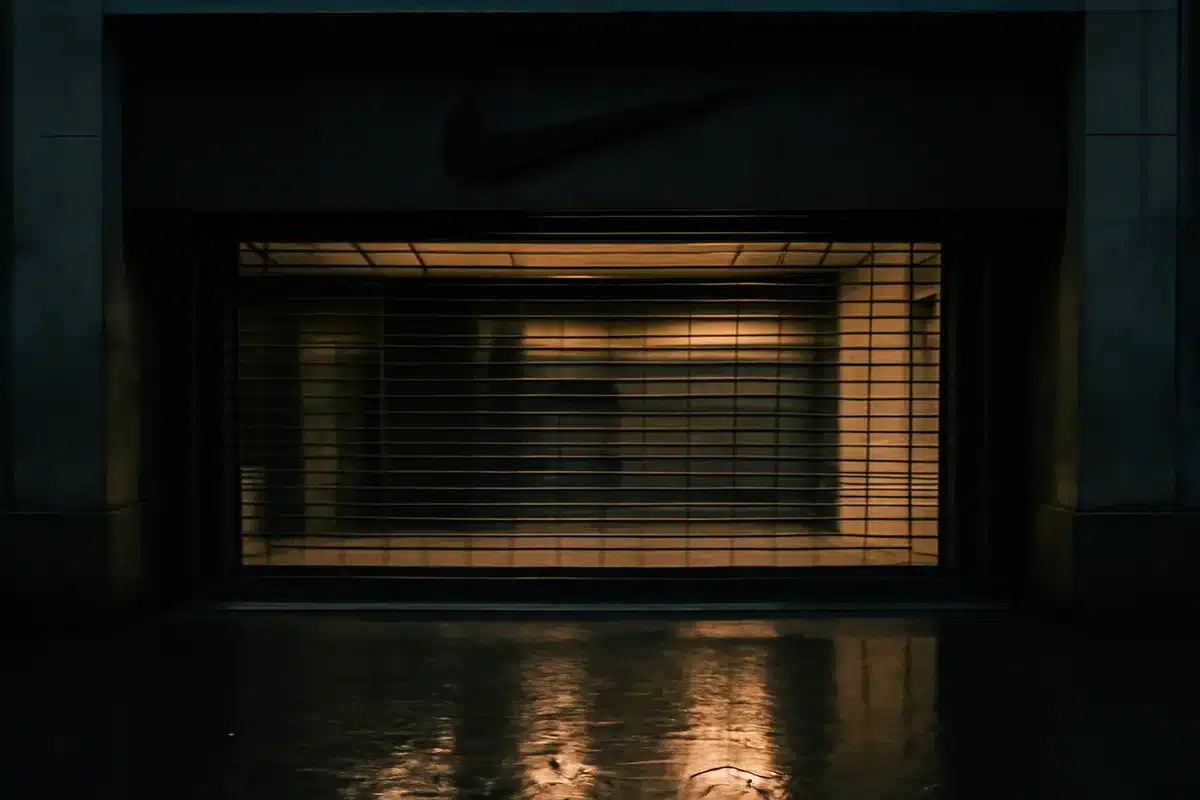 Empty retail storefront with darkened Nike signage, rain-slicked pavement reflecting store lights, closed storefront gate | retail store closure