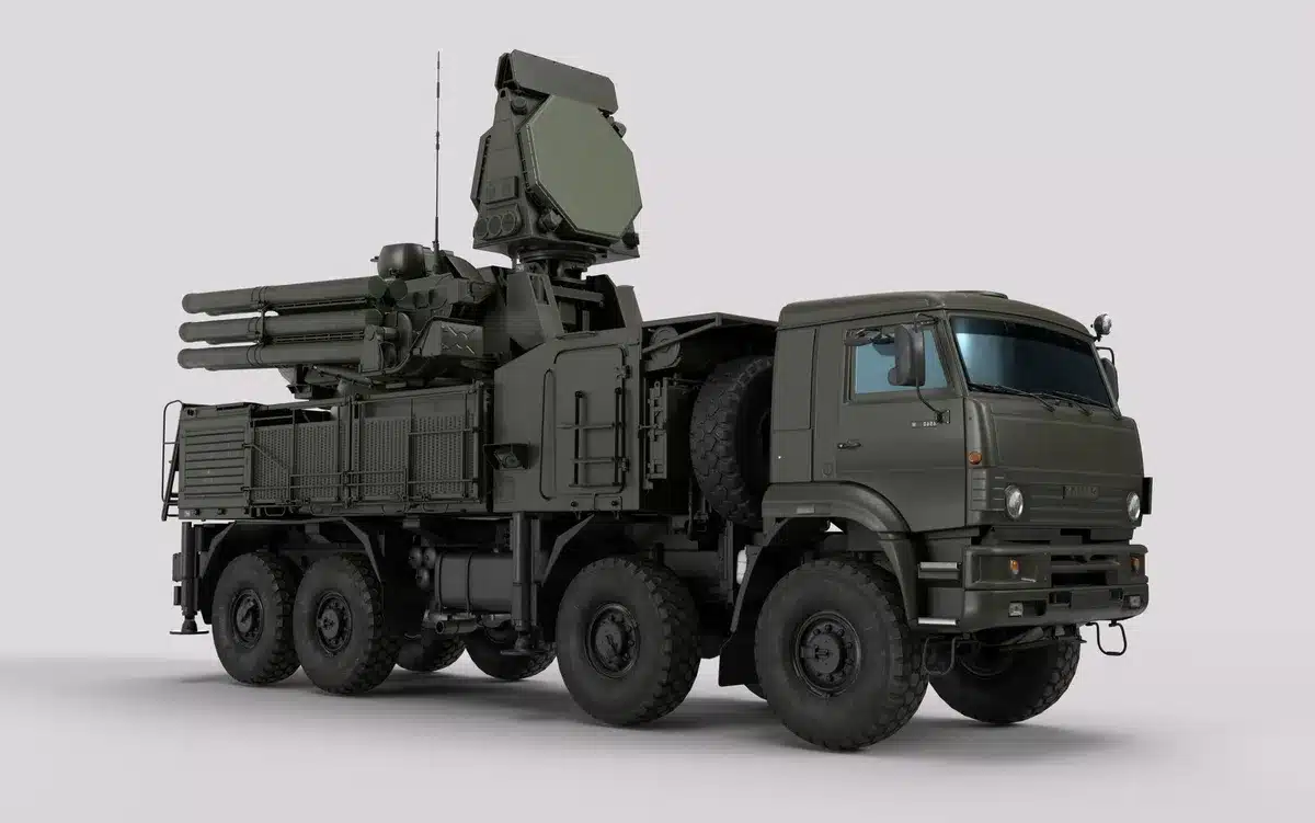 Military command center with glowing radar screens and tactical maps, anonymous uniformed personnel monitoring real-time missile trajectory data and alert systems