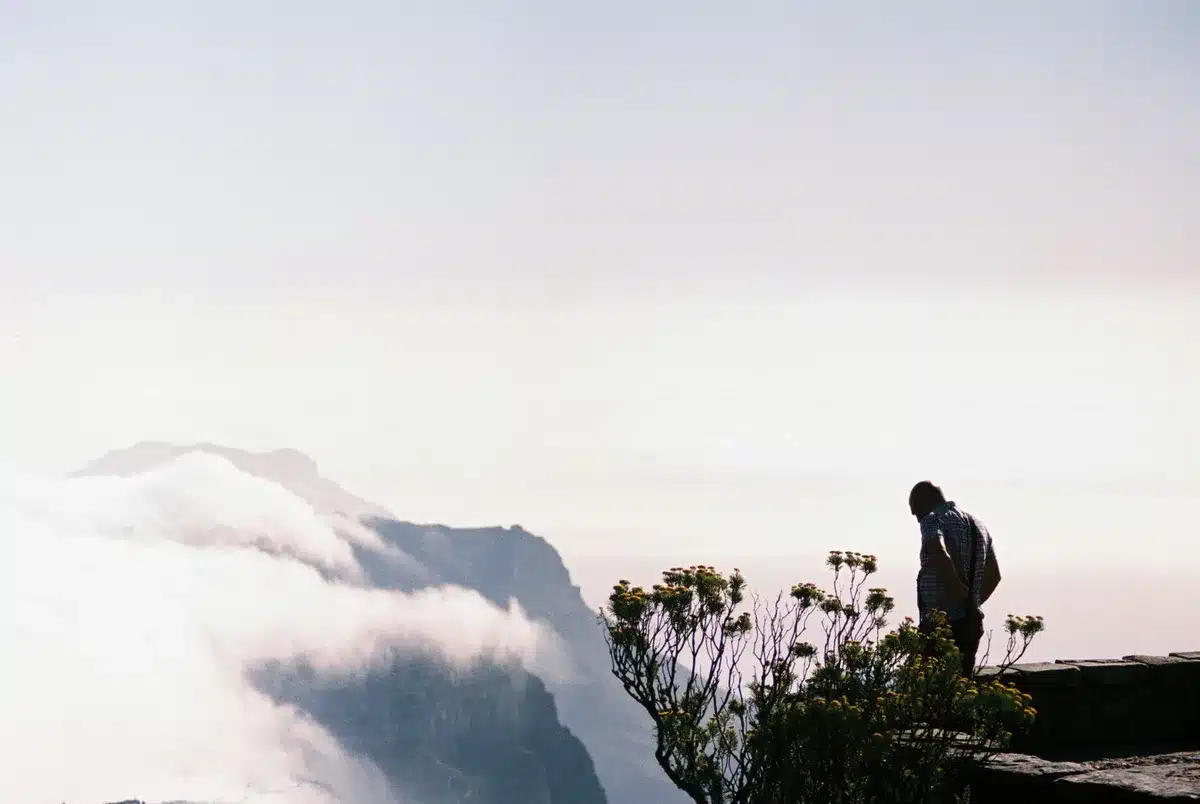 Silhouettes of people standing on a hillside overlooking a sprawling state landscape at sunrise, diverse terrain visible, sense of community and achievement