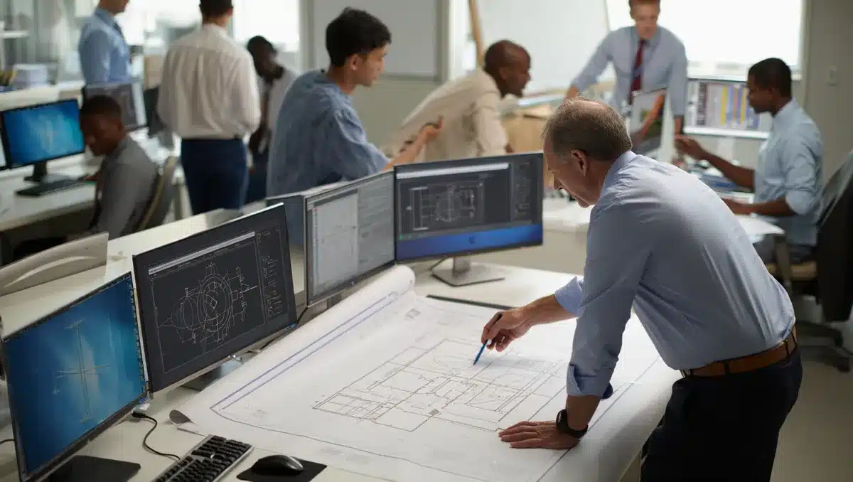 A corporate office or laboratory setting with engineers reviewing technical blueprints and reactor design schematics on monitors and workstations, focused on precision work and planning. | nuclear reactor design laboratory