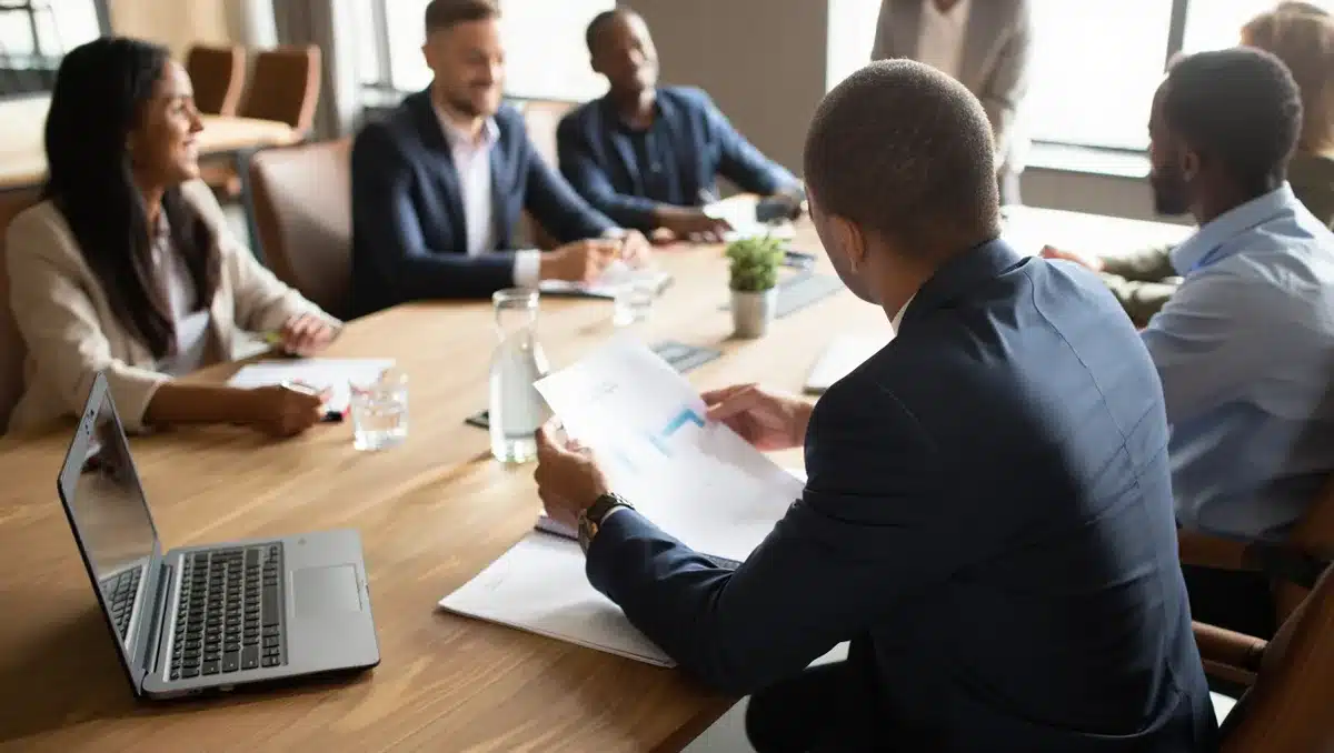 A modern conference room or partnership announcement setting with executives seated at a table, representing strategic collaboration and business agreement discussions in the energy sector. | business partnership announcement meeting