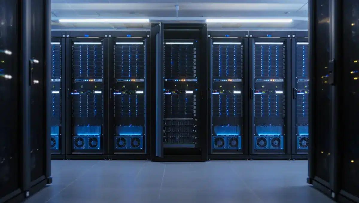 A server room with rows of glowing GPU units and blue cooling systems, representing compute infrastructure and AI data centers | GPU server room data center