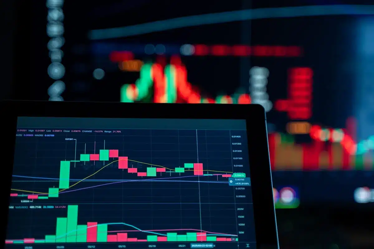Glowing financial dashboard with upward-trending stock charts, candlestick patterns, and data visualization on a dark screen, abstract market momentum
