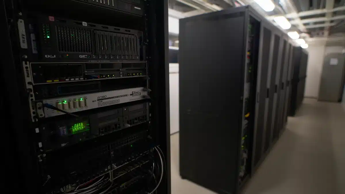 A data center server room with rows of GPU computing hardware under bright overhead lighting, showcasing high-performance chip infrastructure | data center GPU hardware