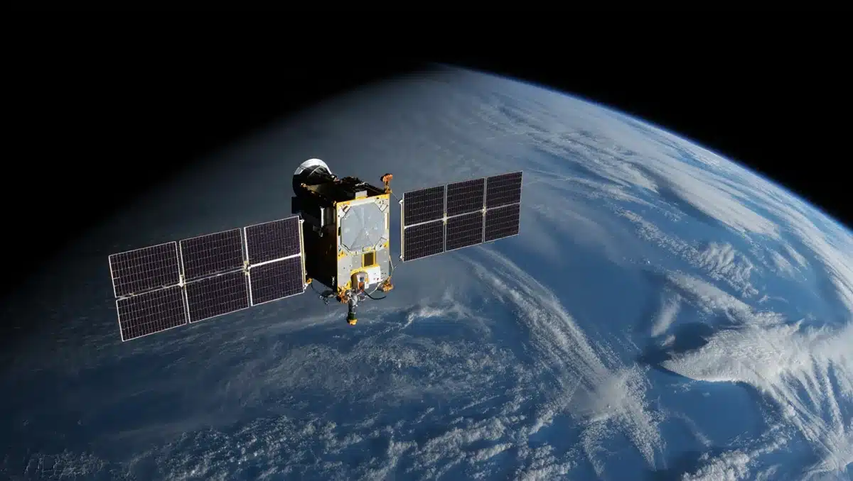 A satellite in orbit above Earth with solar panels extended, representing space-based computing infrastructure | satellite in space orbit