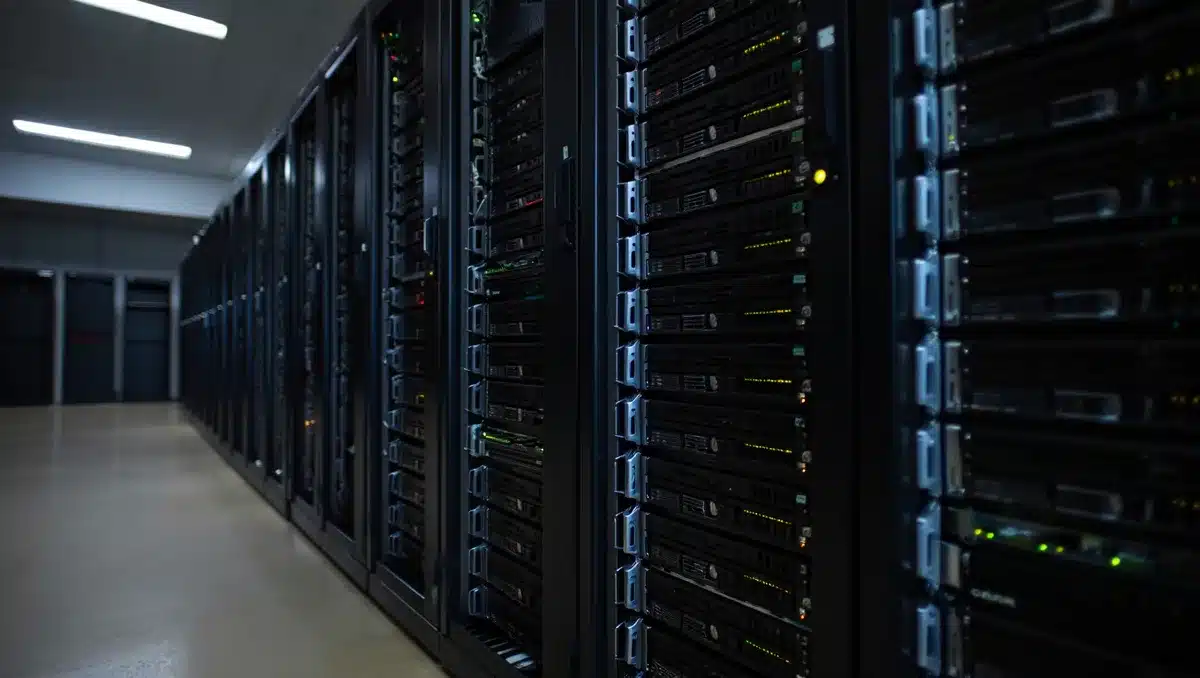 Data center server room with rows of GPU computing hardware under bright overhead lighting | data center GPU servers