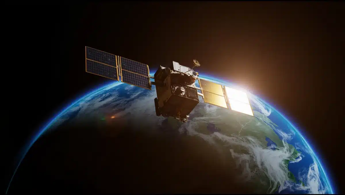 Satellite in orbit above Earth with solar panels extended, representing space-based computing infrastructure | satellite in space computing