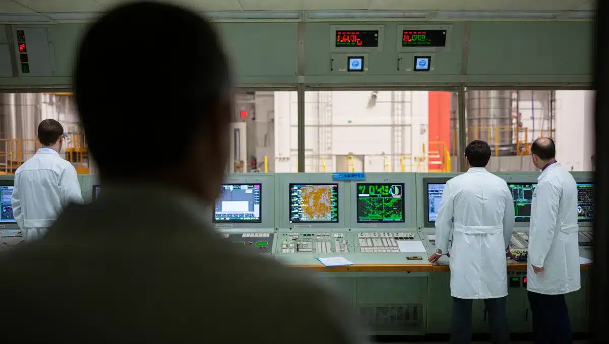 Advanced nuclear reactor control room during startup operations, technicians monitoring instrumentation and displays showing reactor parameters, industrial facility interior | nuclear reactor startup operations