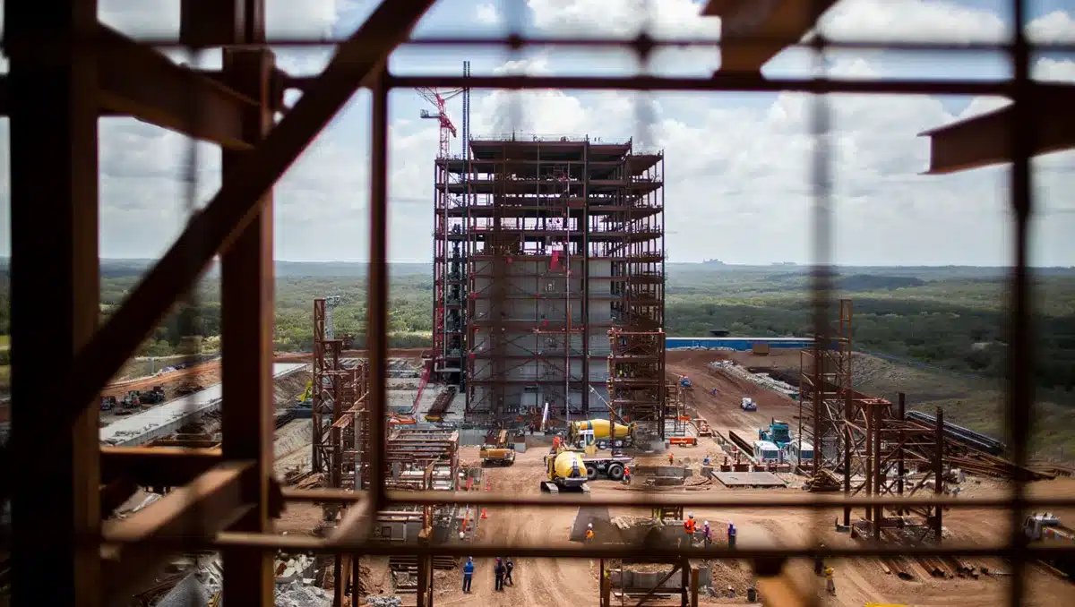 Industrial construction site with structural steel framework for nuclear facility, wide overhead view showing completed civil works and equipment installation, Texas landscape | nuclear reactor construction site