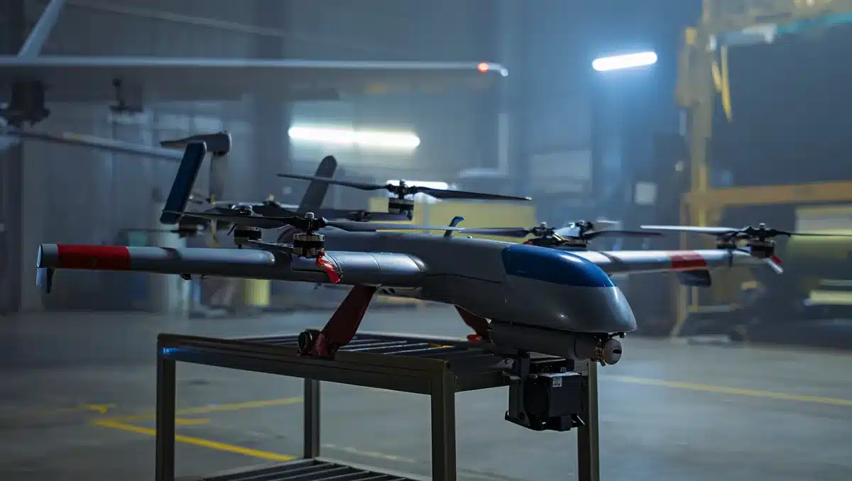 Unmanned military drone system on display stand in testing facility, sleek autonomous platform ready for deployment, industrial lighting on equipment | autonomous drone system testing