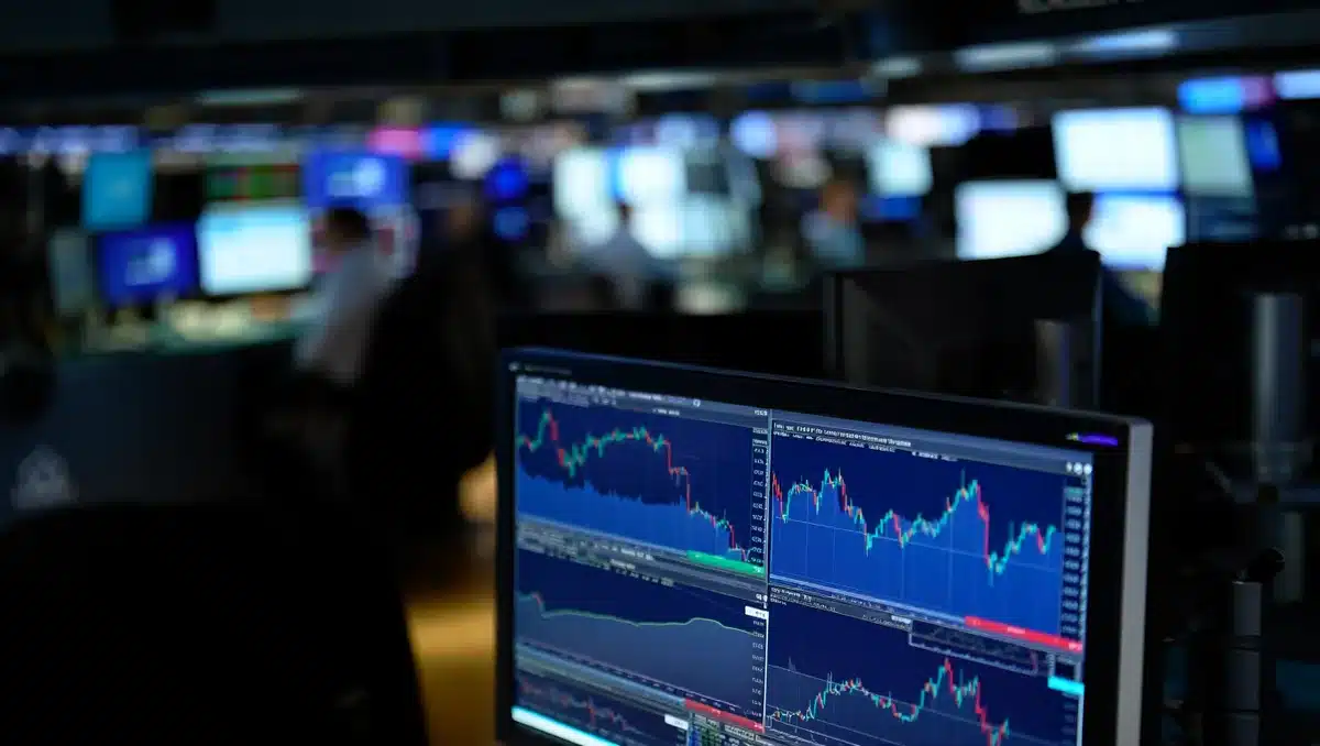 A financial trading screen displaying real-time stock charts and earnings data, blue and green candlestick patterns in focus, professional trading floor environment blurred in background | stock market earnings report screen