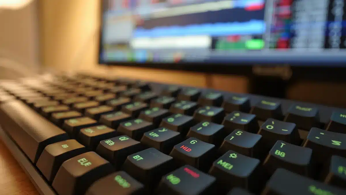 A close-up of a computer keyboard with stock ticker symbols glowing on the keys, professional financial trading setup, shallow depth of field with data flowing in the background | financial trading keyboard workspace