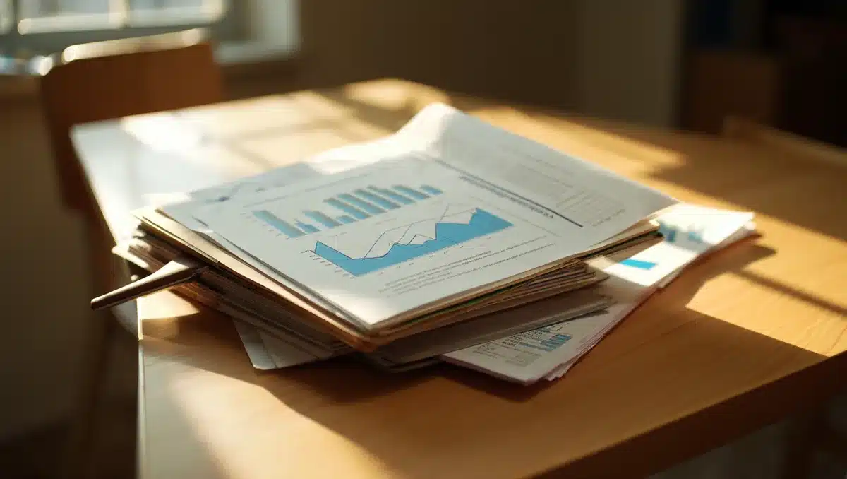 Corporate earnings report documents spread across a desk with financial charts and upward trending graphs | financial reports and charts