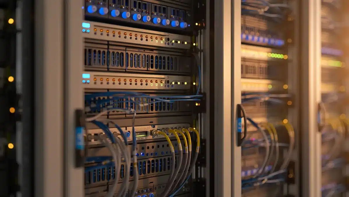 Data center server racks with blue and amber indicator lights, cables organized in neat rows, ambient glow from active systems | data center infrastructure servers